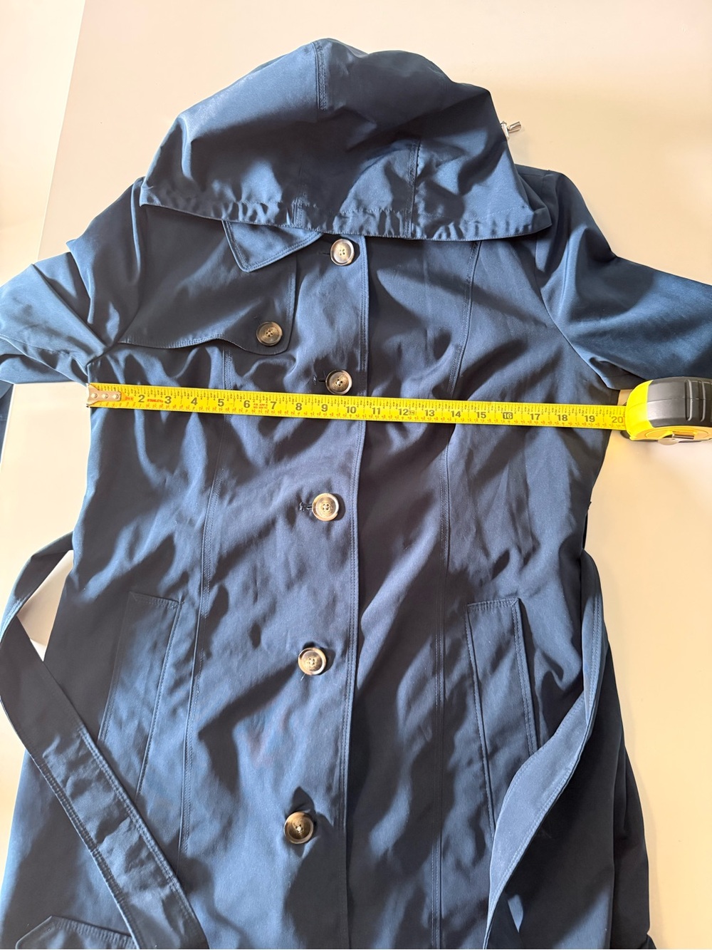 London Fog Navy Blue Hooded Belted Trench Rain Coat Women’s Classic Jacket - Picture 7 of 9